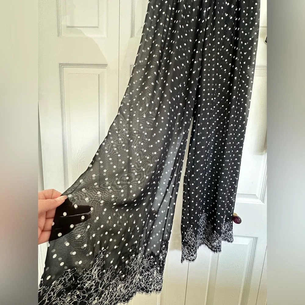 Rosamosario 100% Silk Georgette Polka Dot Lounge Set French Lace Luxury Lounge - Picture 6 of 17